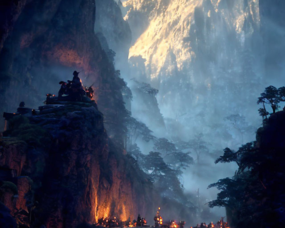 Mystical cave opening with mountain, figures by fireside, and torch procession depicted.