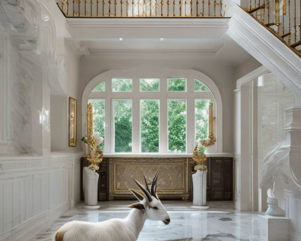 Luxurious room with marble floor, white goat, golden accents, ornate balustrade, ar