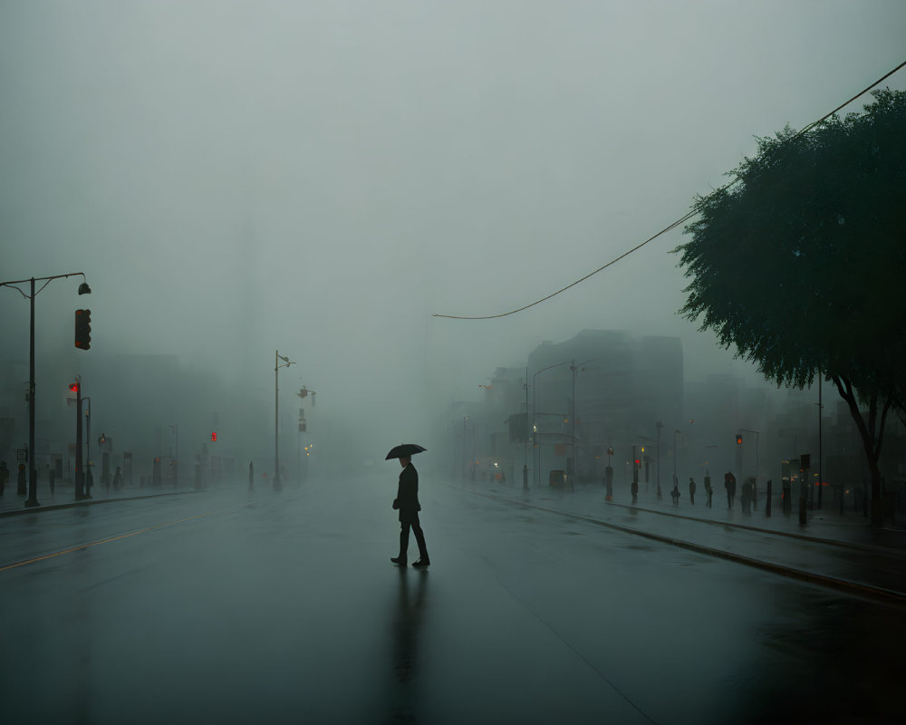 Person walking with umbrella on wet, foggy street at night