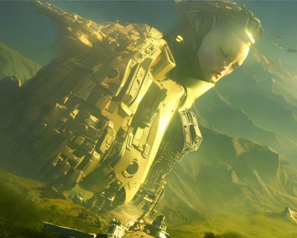 Detailed humanoid robot emerges from golden-lit landscape