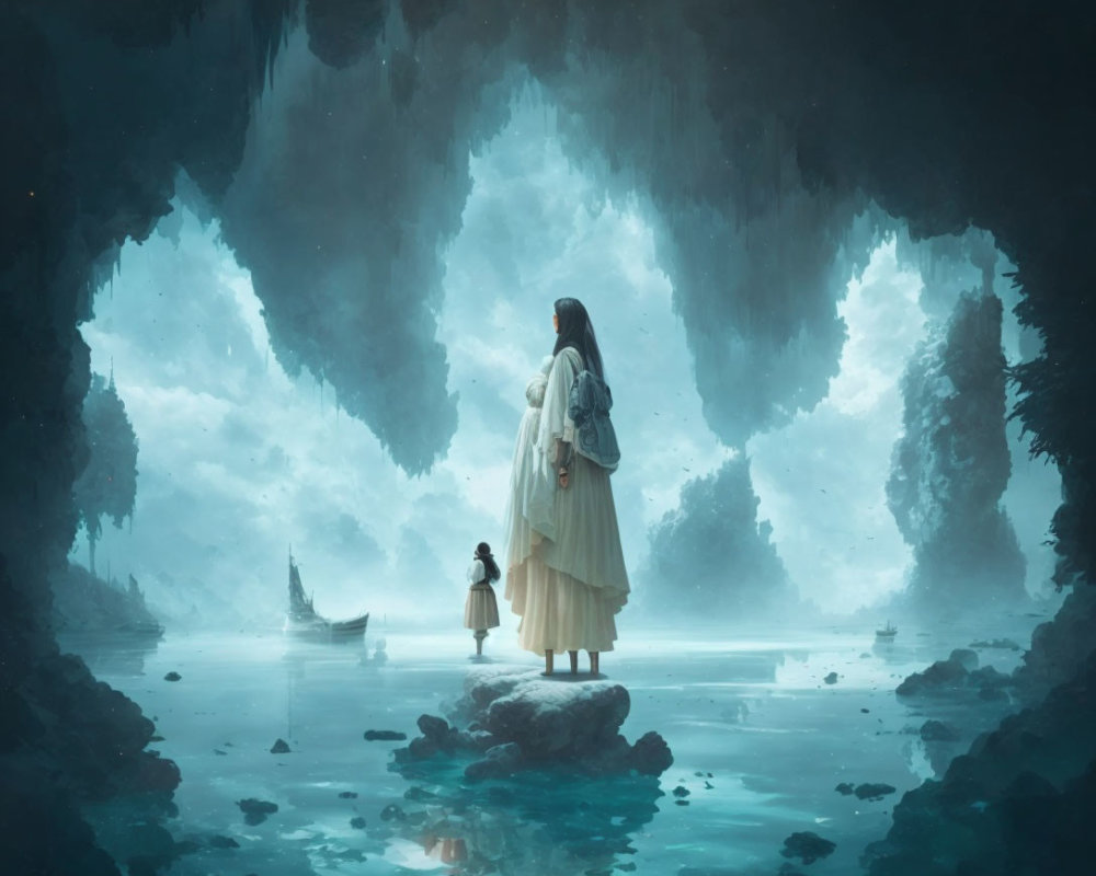 Woman and Child on Rock in Misty Lake with Glowing Blue Ceiling