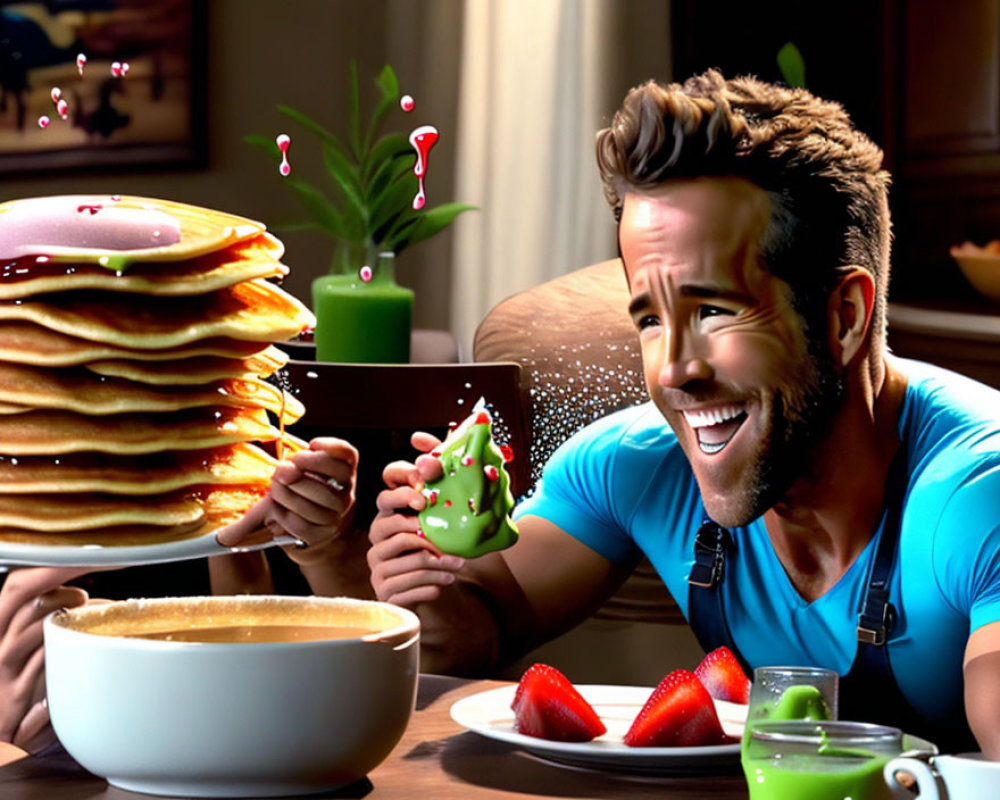 Bearded man enjoying pancakes, coffee, and spilled drink on table