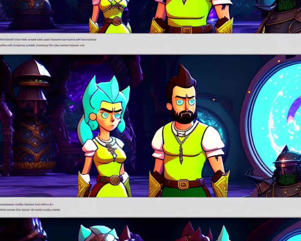Illustrated fantasy characters: stern-faced woman with blue hair and skeptical man with beard in front of glowing