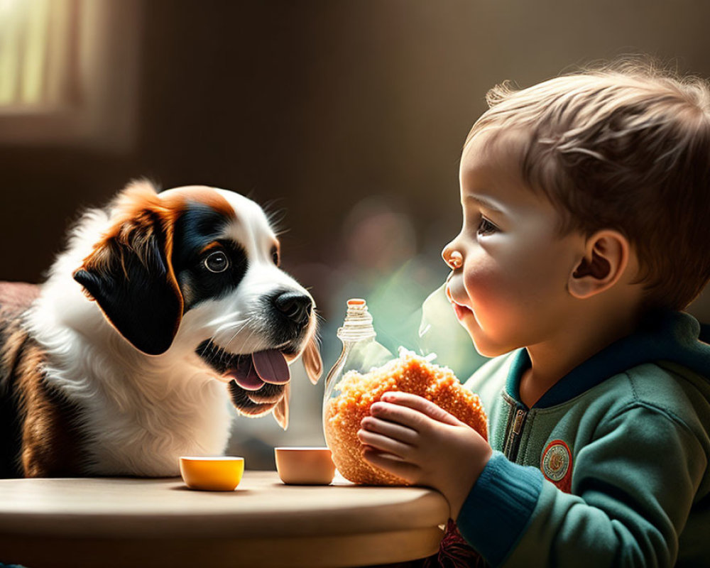 Toddler and Dog with Smoking Bulb in Warm Setting