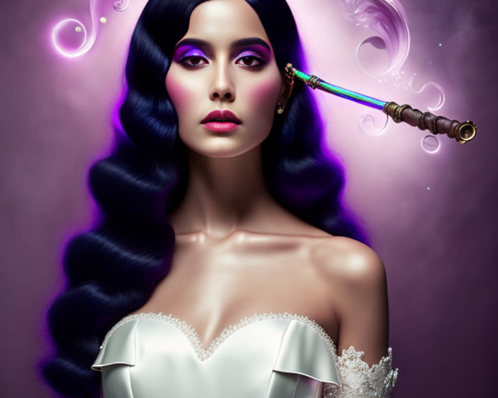Fantastical portrait of woman with dark hair and magical wand on swirling purple backdrop