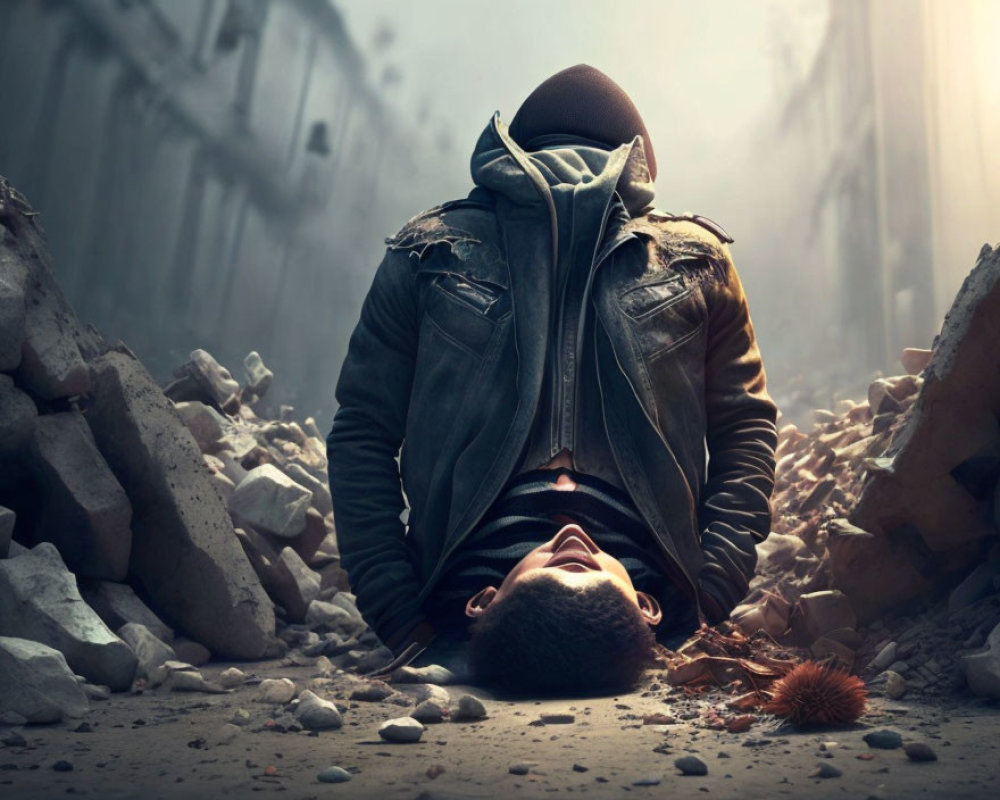 Person lying in rubble with contemplative expression surrounded by debris