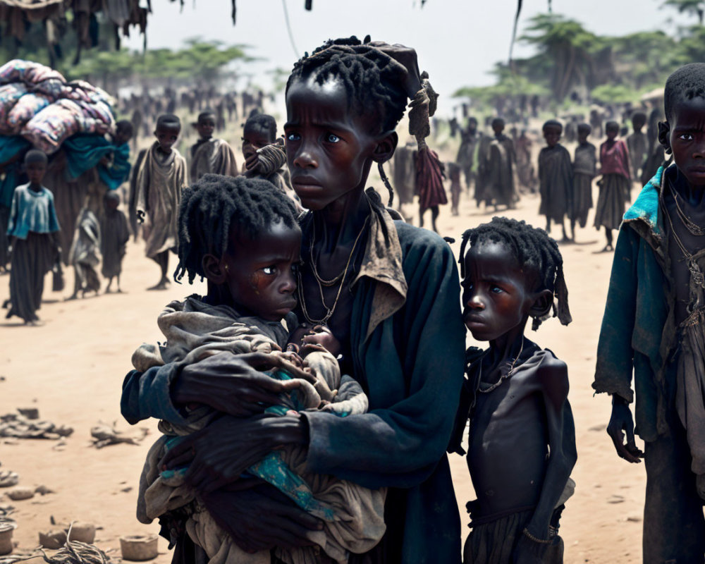 Group of solemn children in crowded area, one carrying another