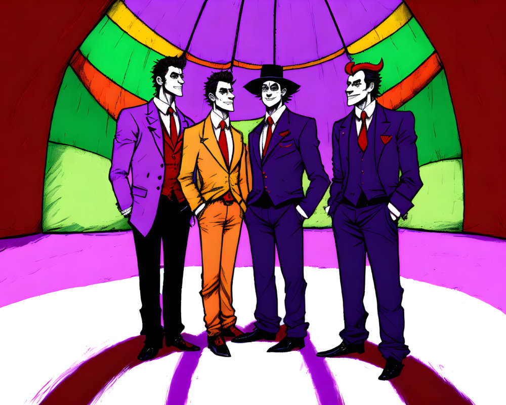 Four men in colorful suits pose under vibrant dome