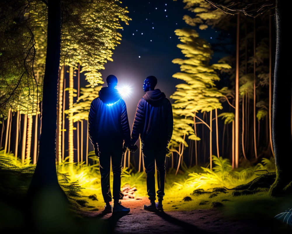 Night forest scene with two people under bright light and starry sky