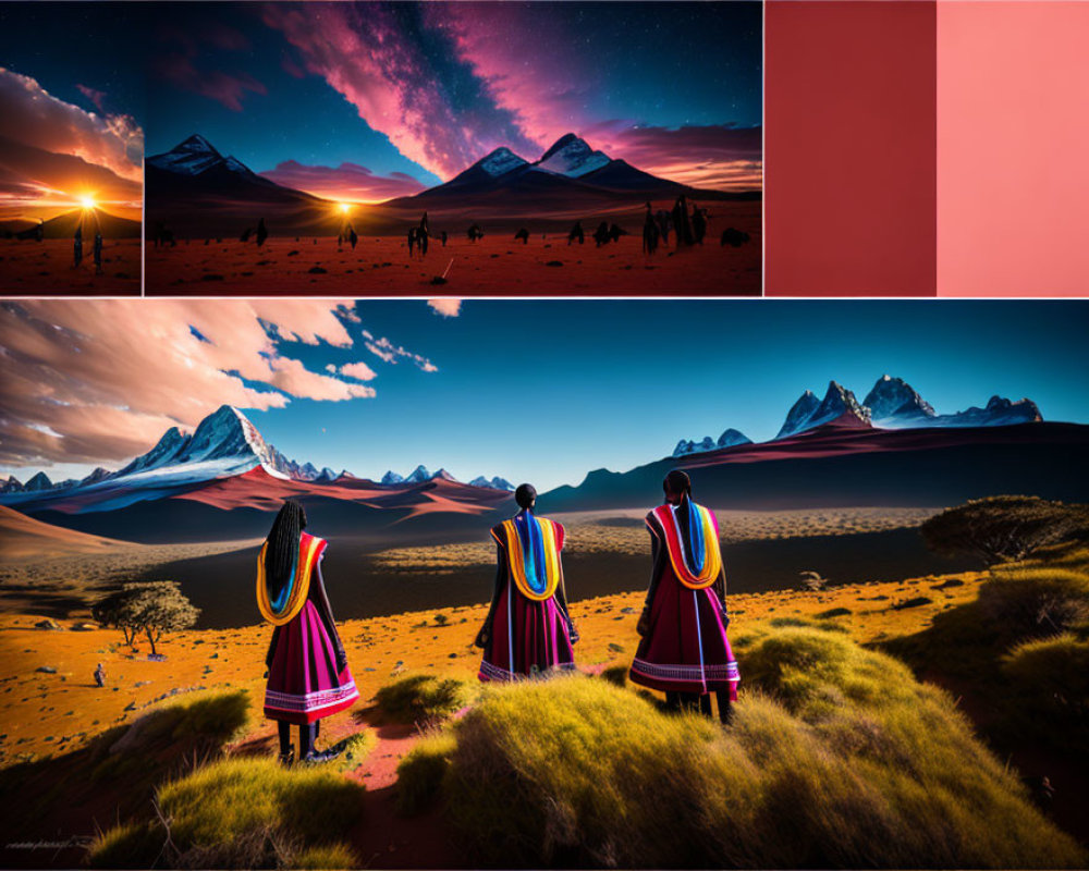 Majestic mountain landscapes at sunrise and sunset with silhouettes of people in traditional garments.