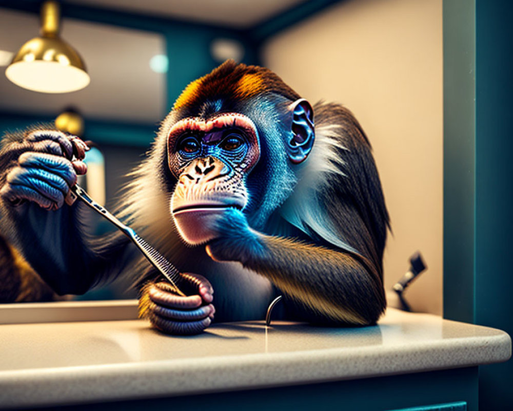 Vibrantly painted monkey simulates shaving at bathroom vanity