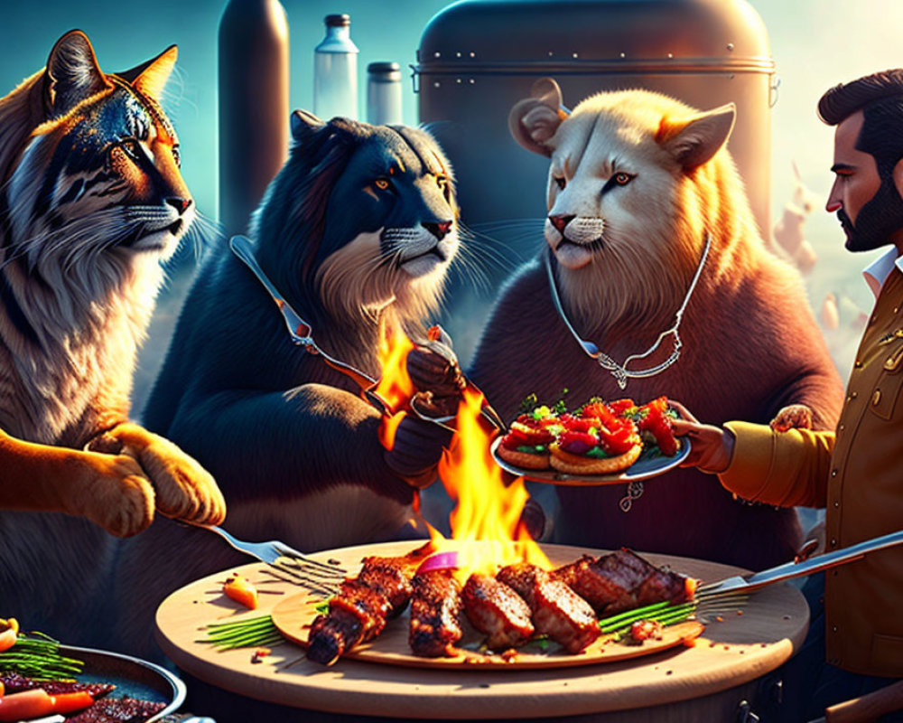 Anthropomorphic big cats at barbecue with cooking, eating, and gesturing actions