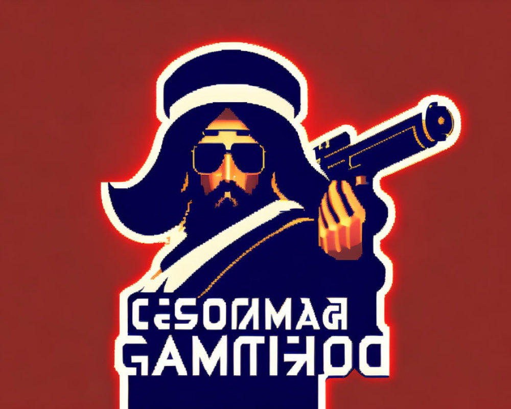 Bearded figure with sunglasses and weapon on red background with Cyrillic text
