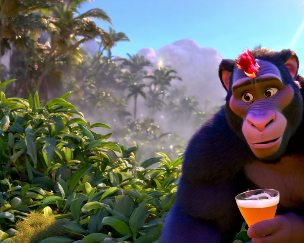 Animated gorilla with red mohawk holding juice in lush jungle scenery