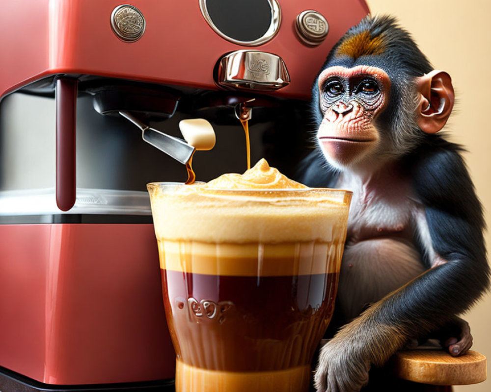 Monkey sitting next to coffee machine pouring frothy coffee into clear mug
