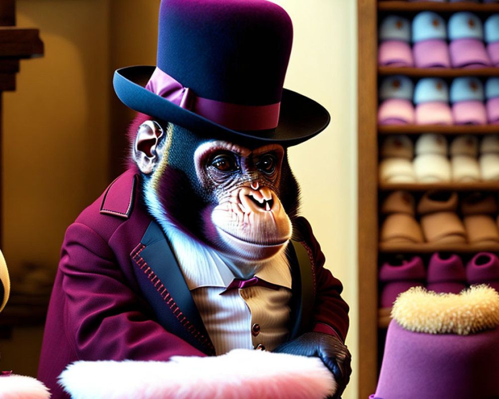 Colorful baboon in purple top hat and suit browsing fancy hat shop