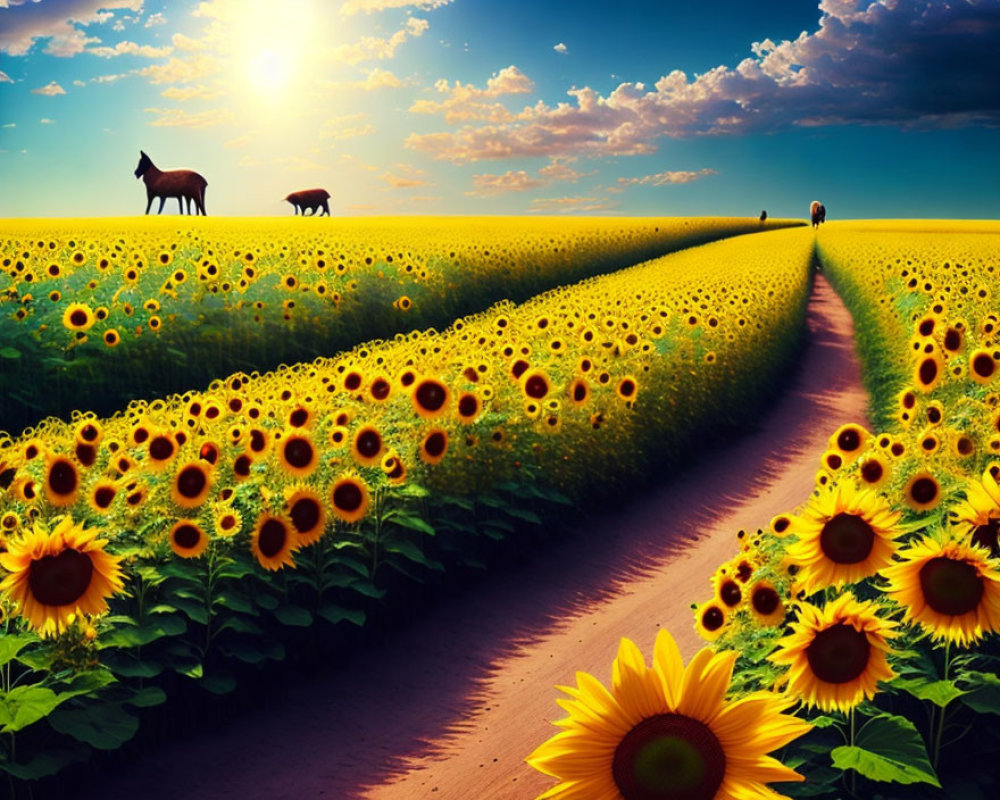 Scenic sunset landscape with sunflower field, horses, and dirt path