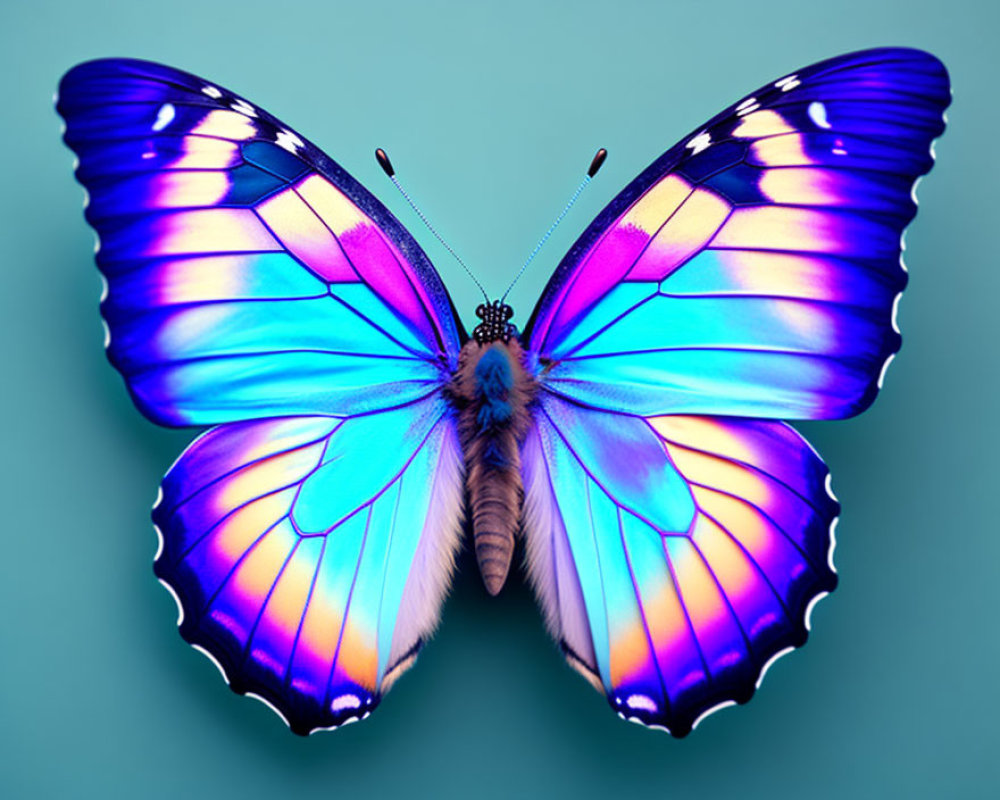 Colorful Butterfly with Blue and Purple Wings on Teal Background