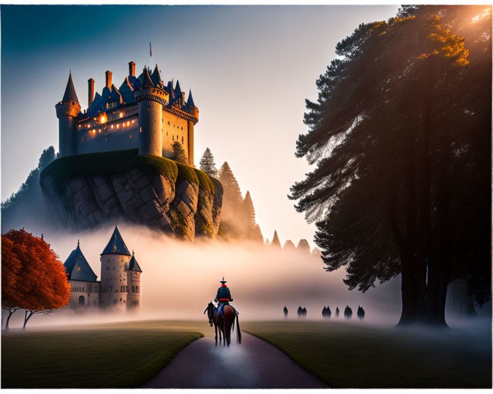 Medieval castle on rocky outcrop with knight on horseback at sunrise