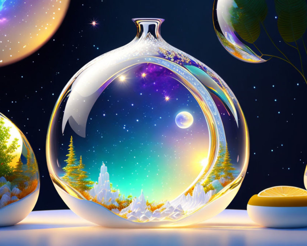 Transparent orbs with wintry landscapes and celestial elements against a night sky with citrus fruit.