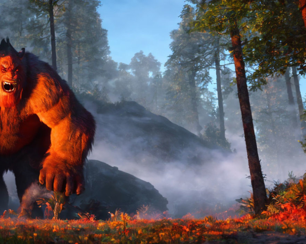Menacing mythical beast with glowing eyes in misty forest at sunrise