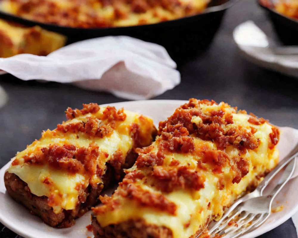 Cheesy lasagna slice with meat sauce on spatula and baking dish in background.
