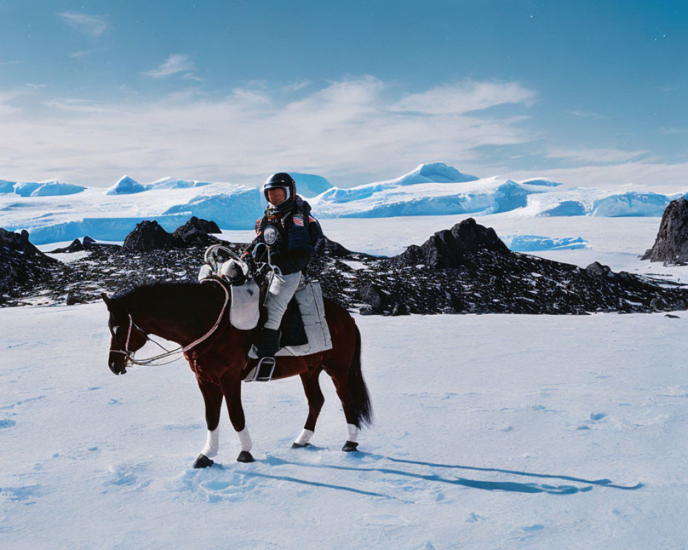 Astronaut in space suit riding horse in snowy landscape