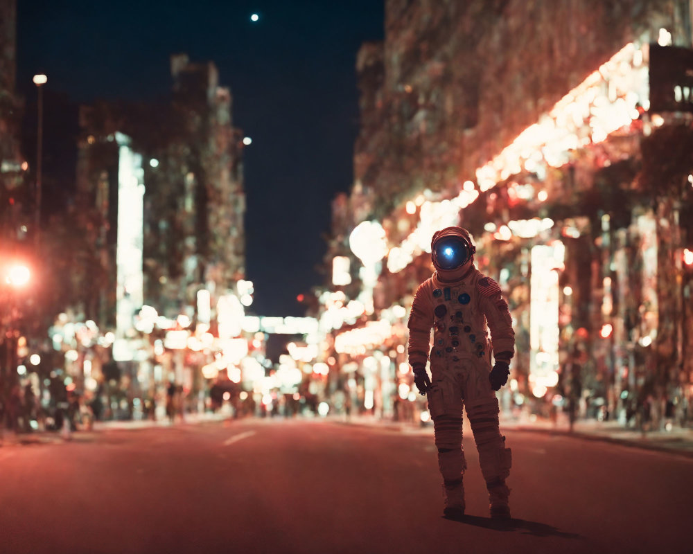 Astronaut in city street at night with vibrant lights