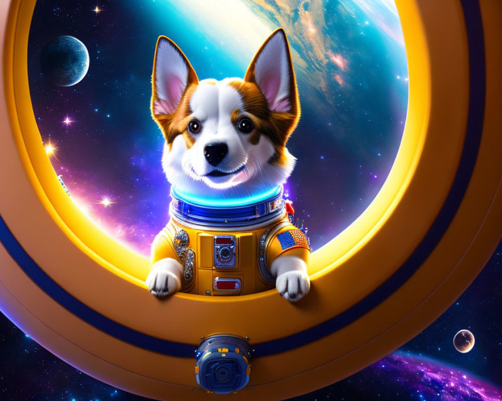 Adorable corgi astronaut in spaceship window with cosmic background