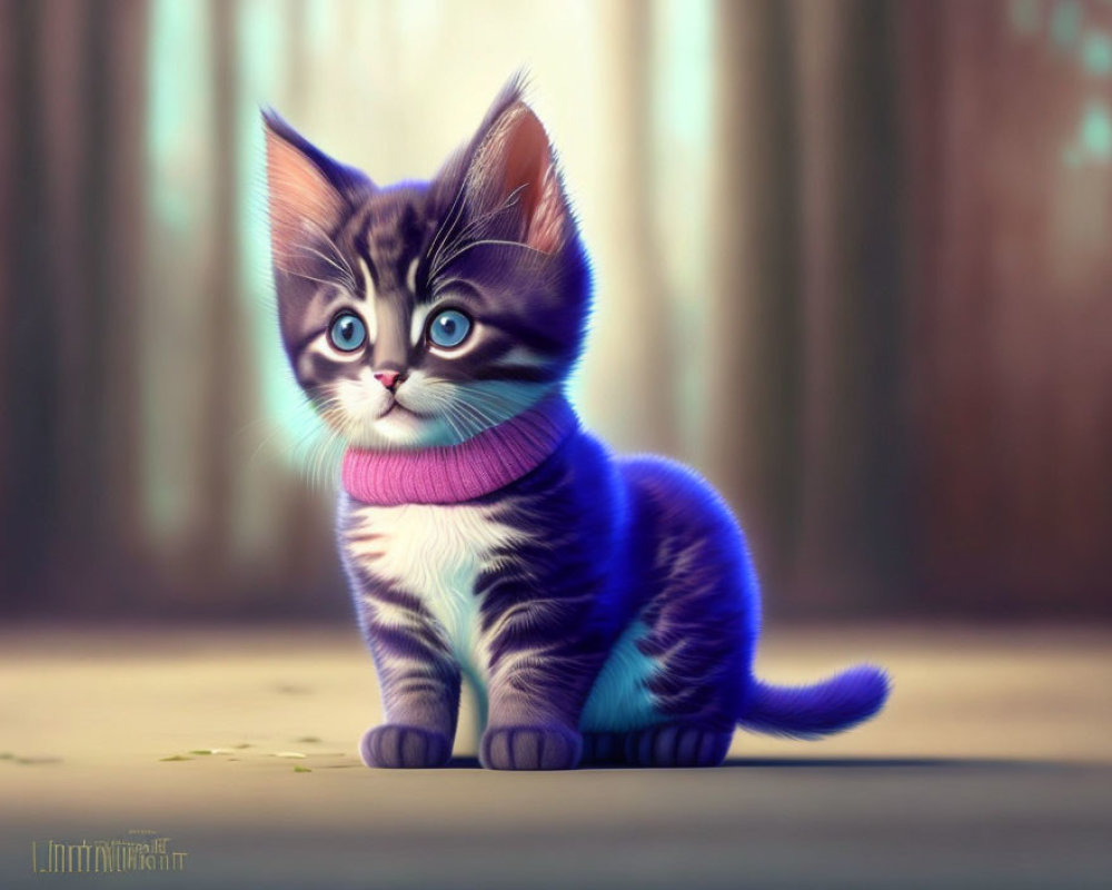 Blue Fur Kitten with Pink Collar in Forest Setting