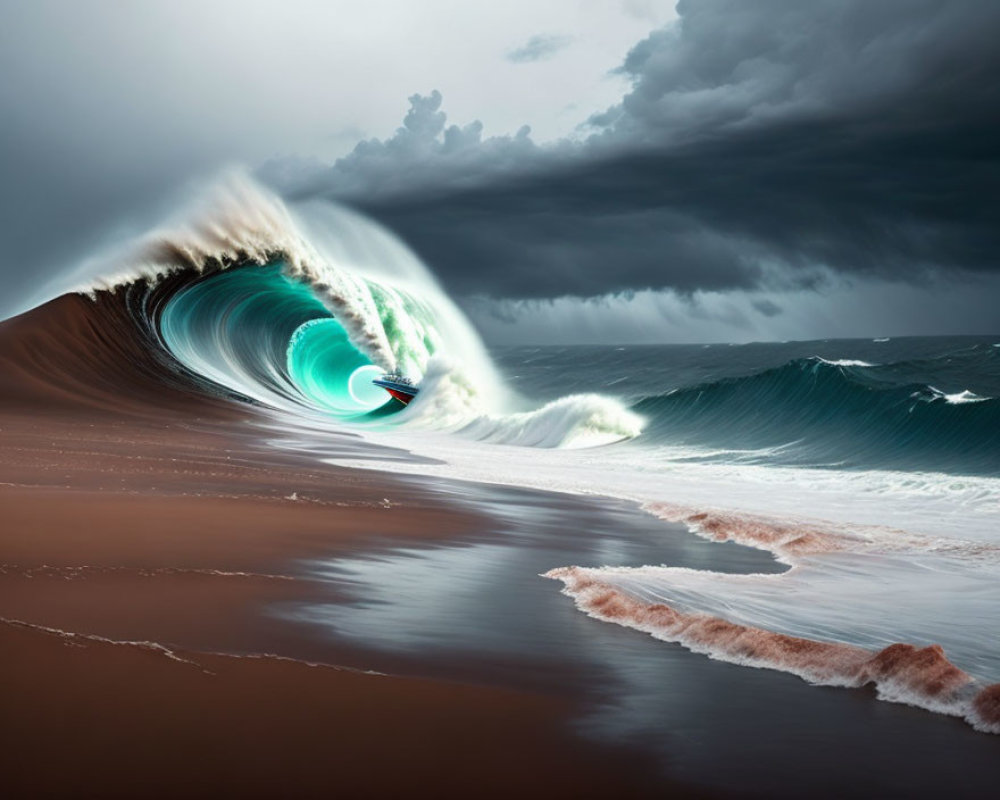 Surfer riding massive wave under stormy skies.