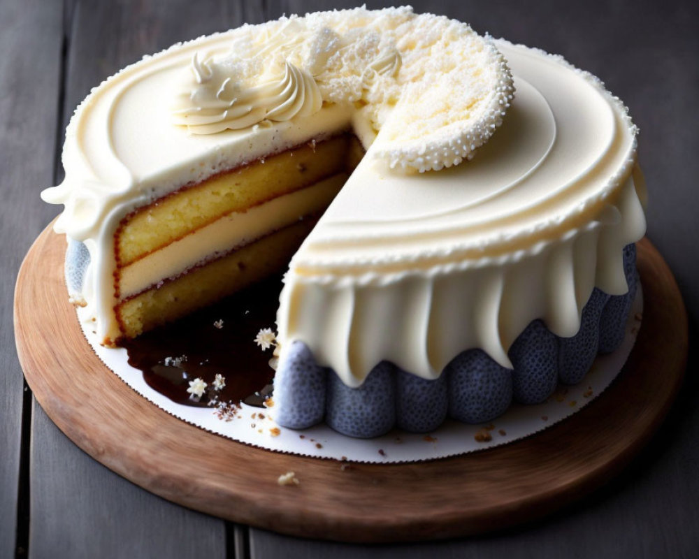 Layered Cake with White Icing and Cream Topping on Wooden Board