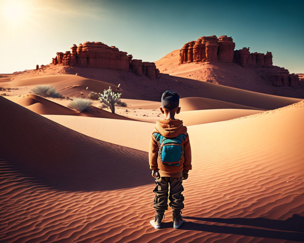 Child with backpack admiring sandstone formations in desert sunset