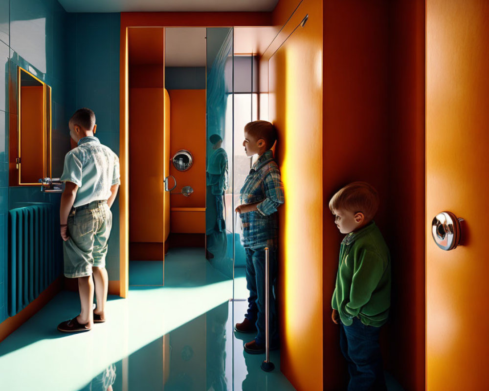 Four Boys in Gradient Height Order in Front of Orange Bathroom Door