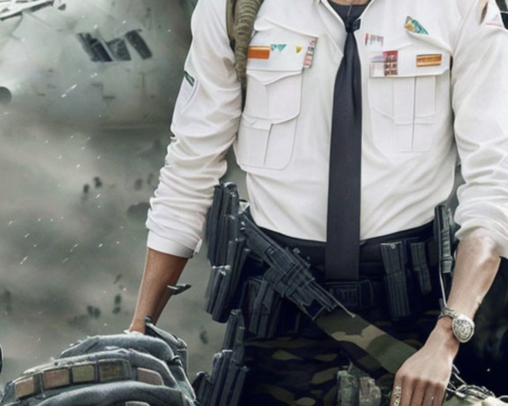 Stylized soldier with futuristic facial markings in white uniform and military gear posing near helicopters.