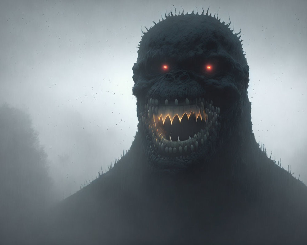 Sinister creature with glowing red eyes and sharp teeth in misty setting