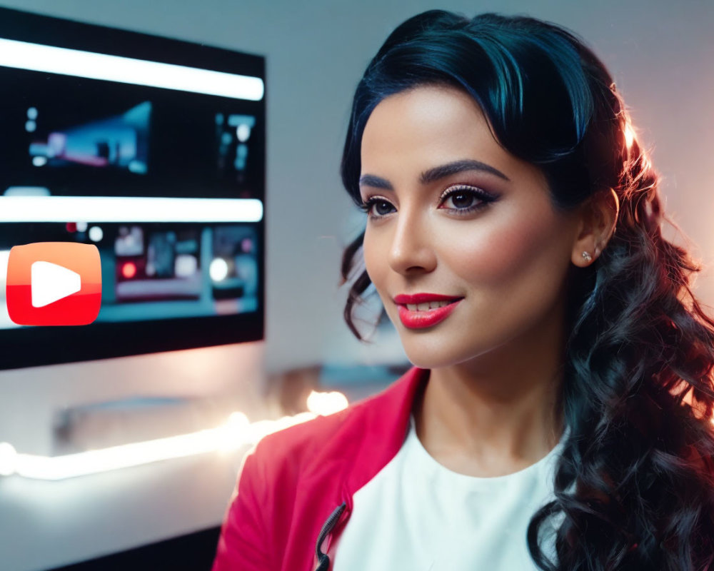 Styled woman smiling with YouTube logo in background
