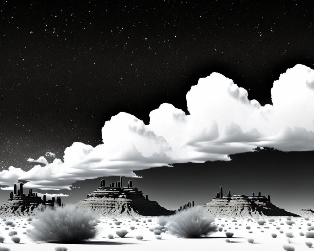 Monochrome desert landscape with mesas under starry sky and fluffy clouds