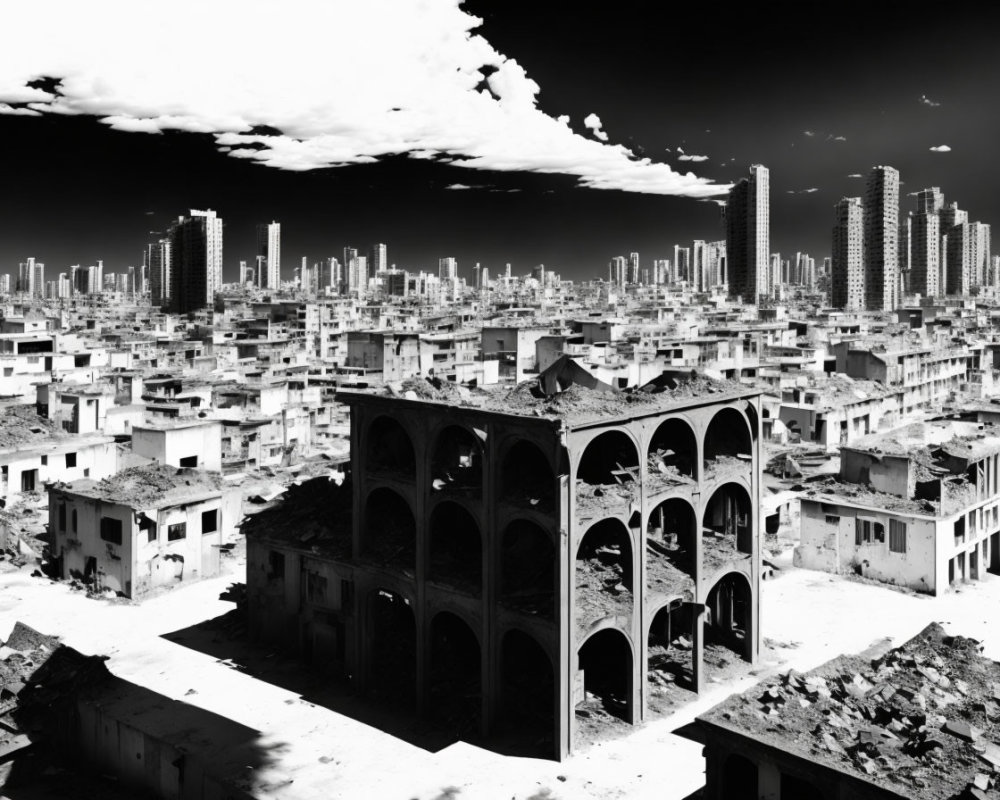 Monochrome image with contrast between dilapidated and modern buildings