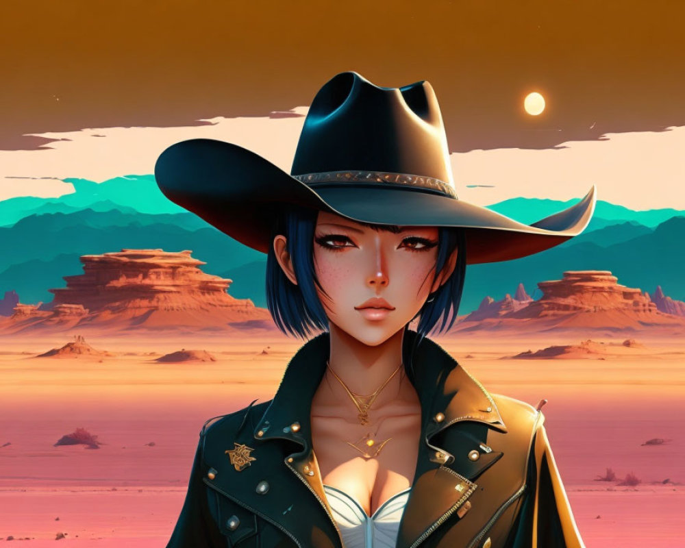Stylized female cowboy in desert landscape with mesas under orange sky