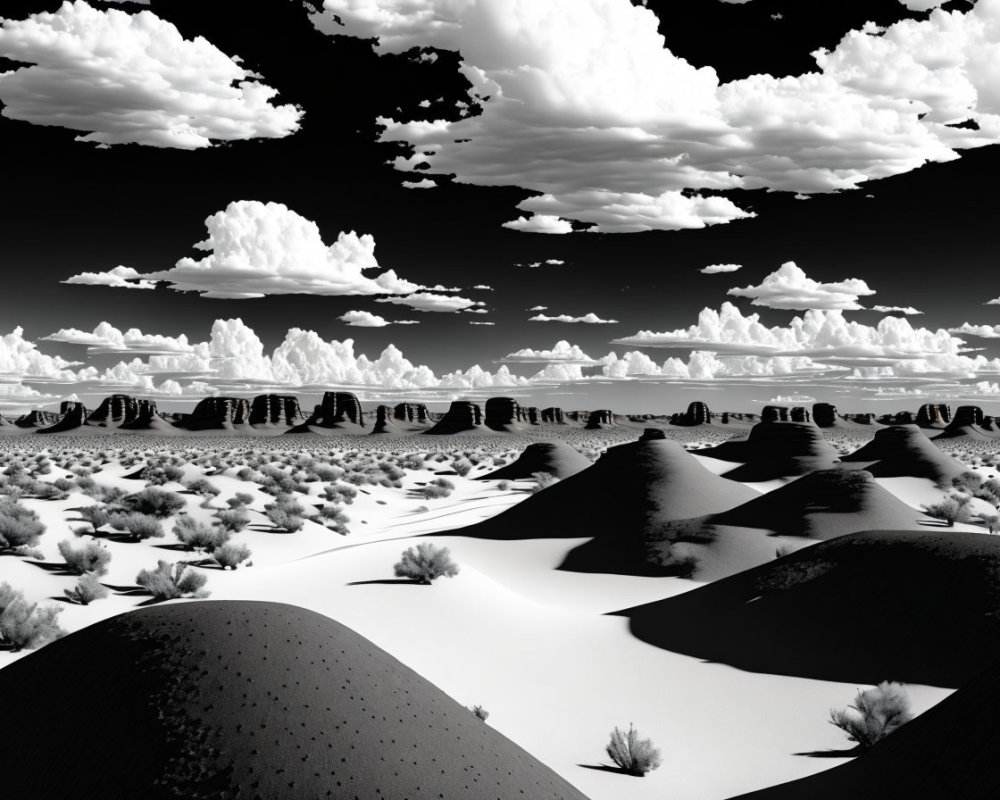 Grayscale desert landscape with sand dunes, vegetation, and dramatic sky.