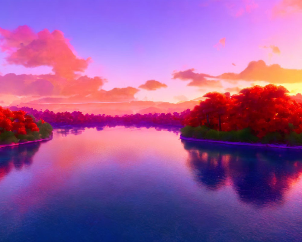 Colorful sunset over calm river with tree reflections, red foliage, and purple-pink sky