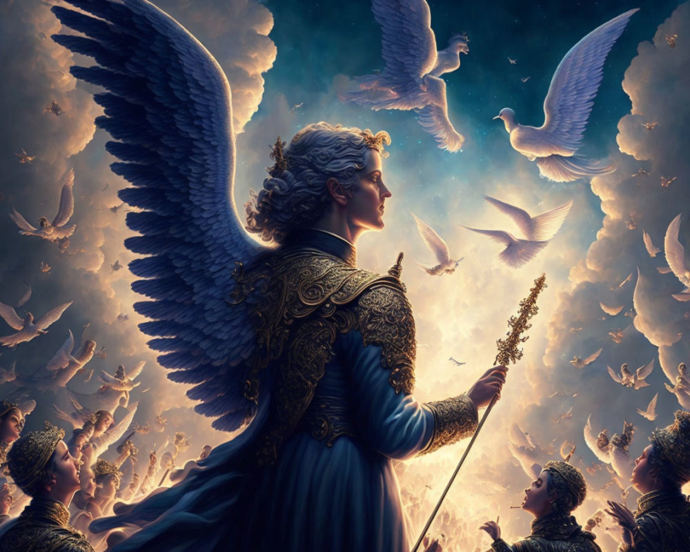 Celestial scene: angel in ornate armor with white wings, doves, and heavenly background