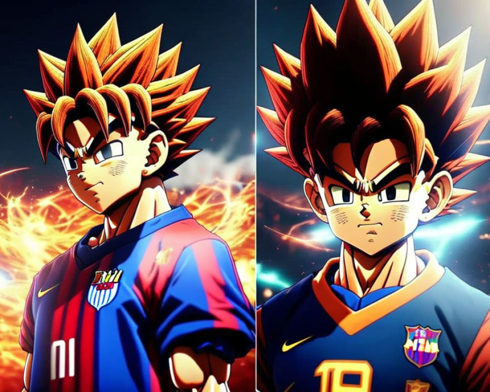 Illustrations of Goku in Barcelona jerseys against cosmic backdrop