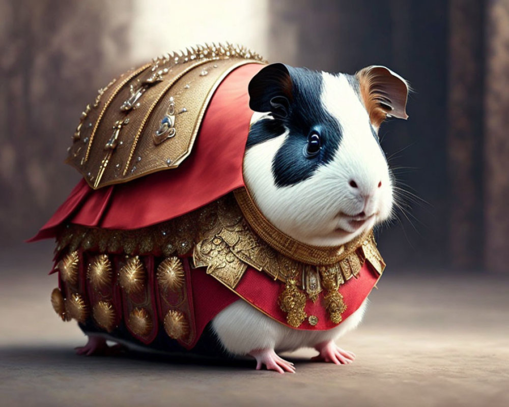 Guinea pig in Roman legionnaire costume with helmet and armor on soft background