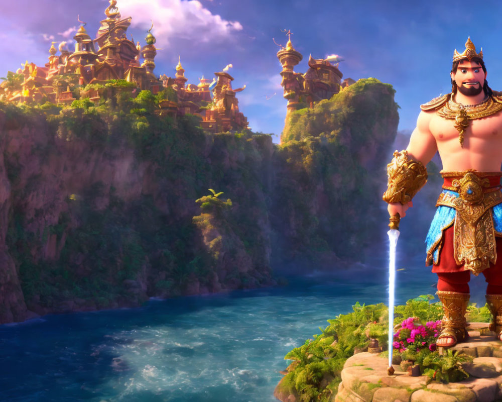Fantastical animated warrior with golden staff by river and palace on cliff