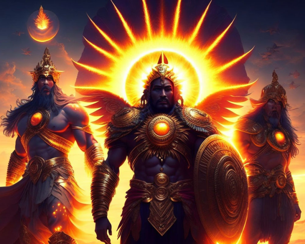 Three armored mythical warriors with radiant sun-like halo against dramatic sunset sky