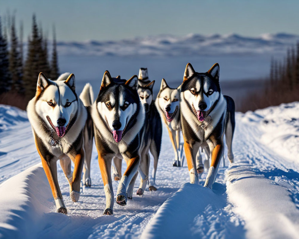 Huskies Running in Snowy Landscape with Forest Backdrop
