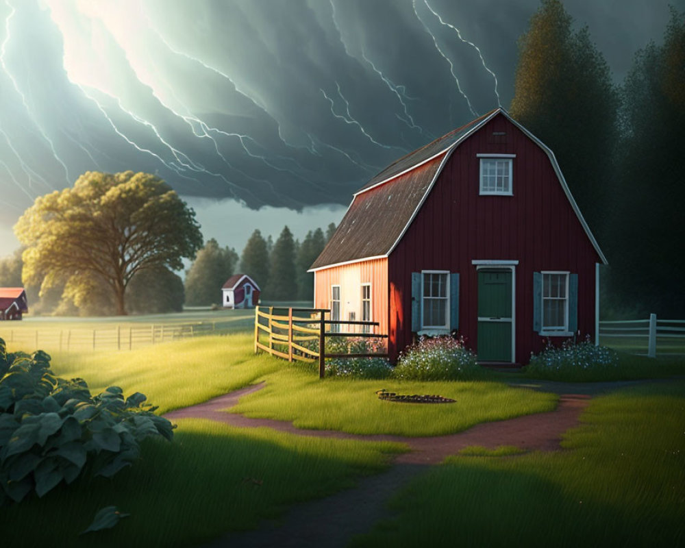 Red Barn with Green Doors in Stormy Sky and Lush Landscape