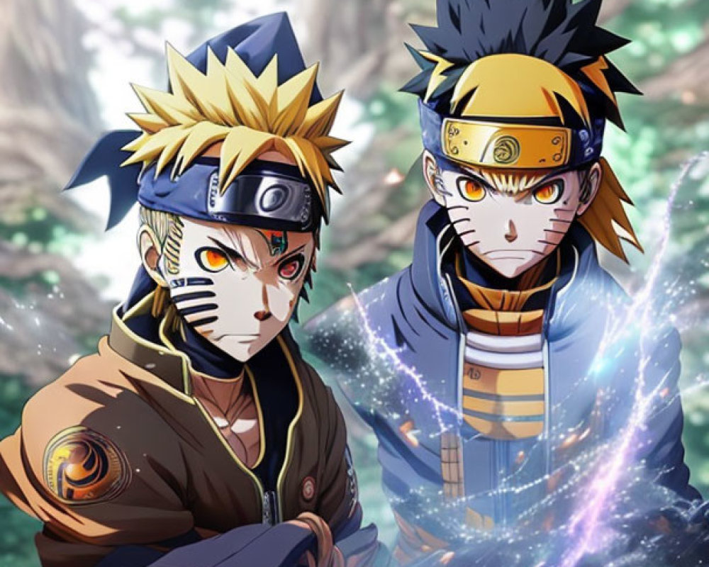Animated ninja characters with spiked hair and headbands in glowing forest scene